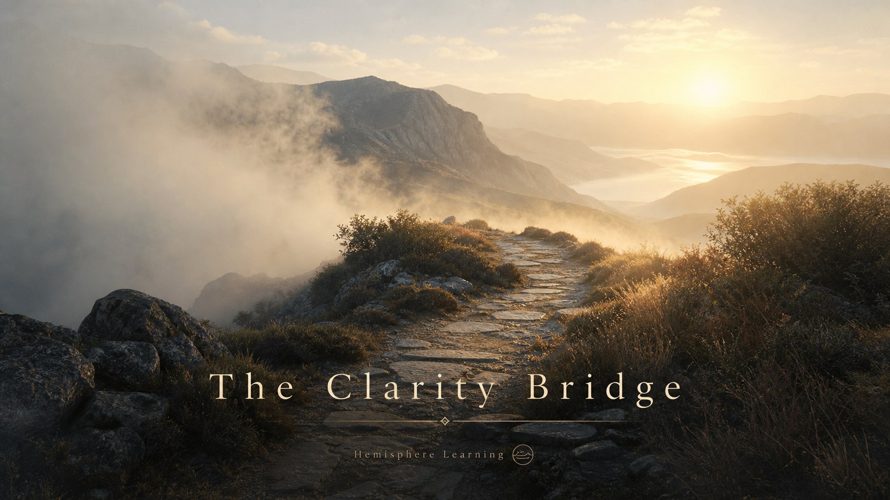 Minimalist illustration of a straight road or bridge cutting cleanly toward a clear horizon
