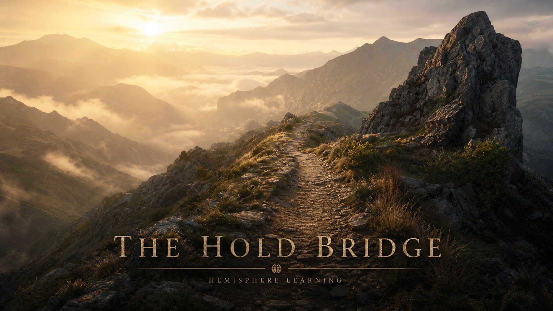 A stone path leading across rugged mountain peaks under a dramatic golden sun